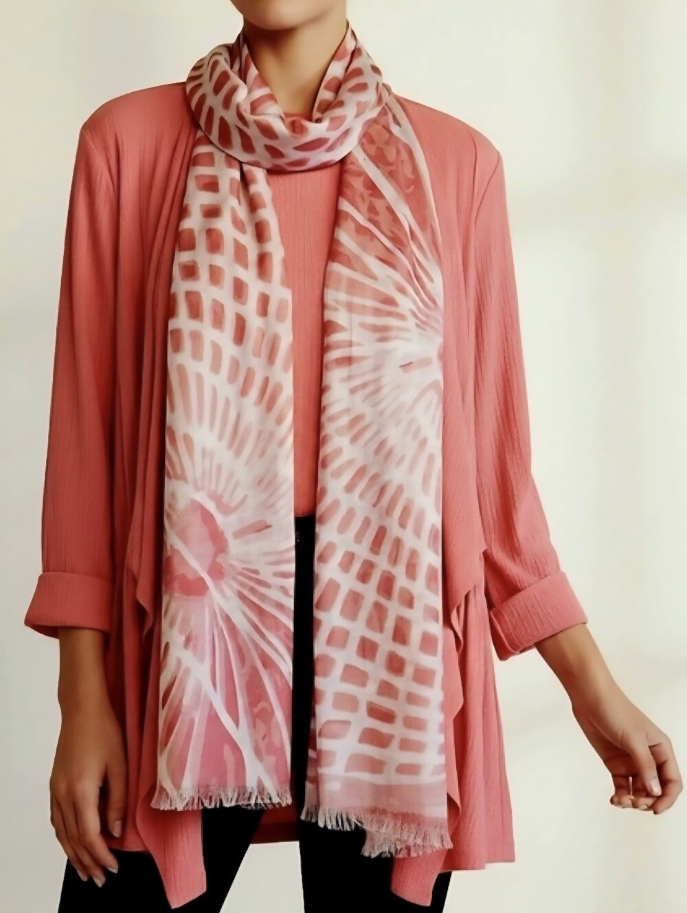 Sophisticated Summer Artistic Large Oblong Coral Ivory Scarf Wrap - Worn Once!!